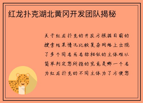 红龙扑克湖北黄冈开发团队揭秘